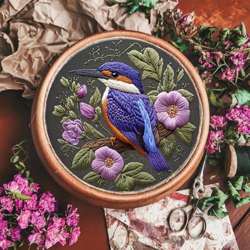 FONNUY Embroidery Kit for Beginners, Birds with Flowers Pre-Stamped Pattern Kits for Adults with Hoop, Easy to Follow Color Thread Needlework, 8'' Hoop (Purple 1)