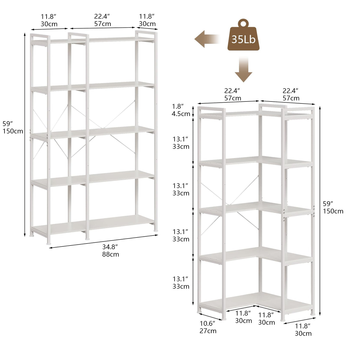 Tohomeor Bookshelf 5 Tier Deformable Corner Bookcase Free Standing Modern Industrial Book Storage Display Book Shelf for Bedroom Living Room Study Room Office (White) Tohomeor