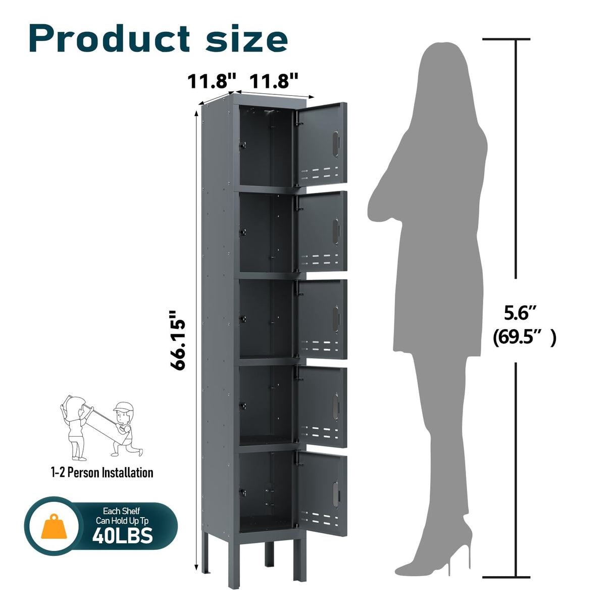 BUTISOW Metal Locker with 5 Doors,Lockers for Employees,66'' Steel Storage Locker for School,Gym, Office, Office,Garage,Lockable Metal Storage Cabinet with Hooks,Card Slots,Requires Assembly BUTISOW