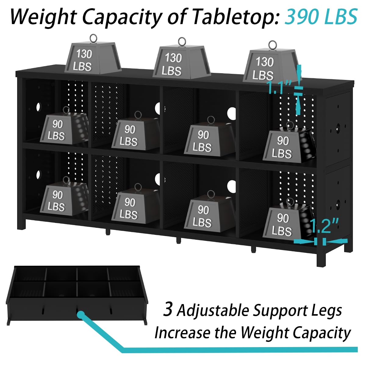 LVB Black Horizontal Bookshelf, Modern Cube Storage Organizer Bookcase, Industrial Wide Long Wood Metal Book Shelf, Farmhouse Low Large Cube Shelf for Office Home Bedroom Living Room, Black Oak, 63 In LVB