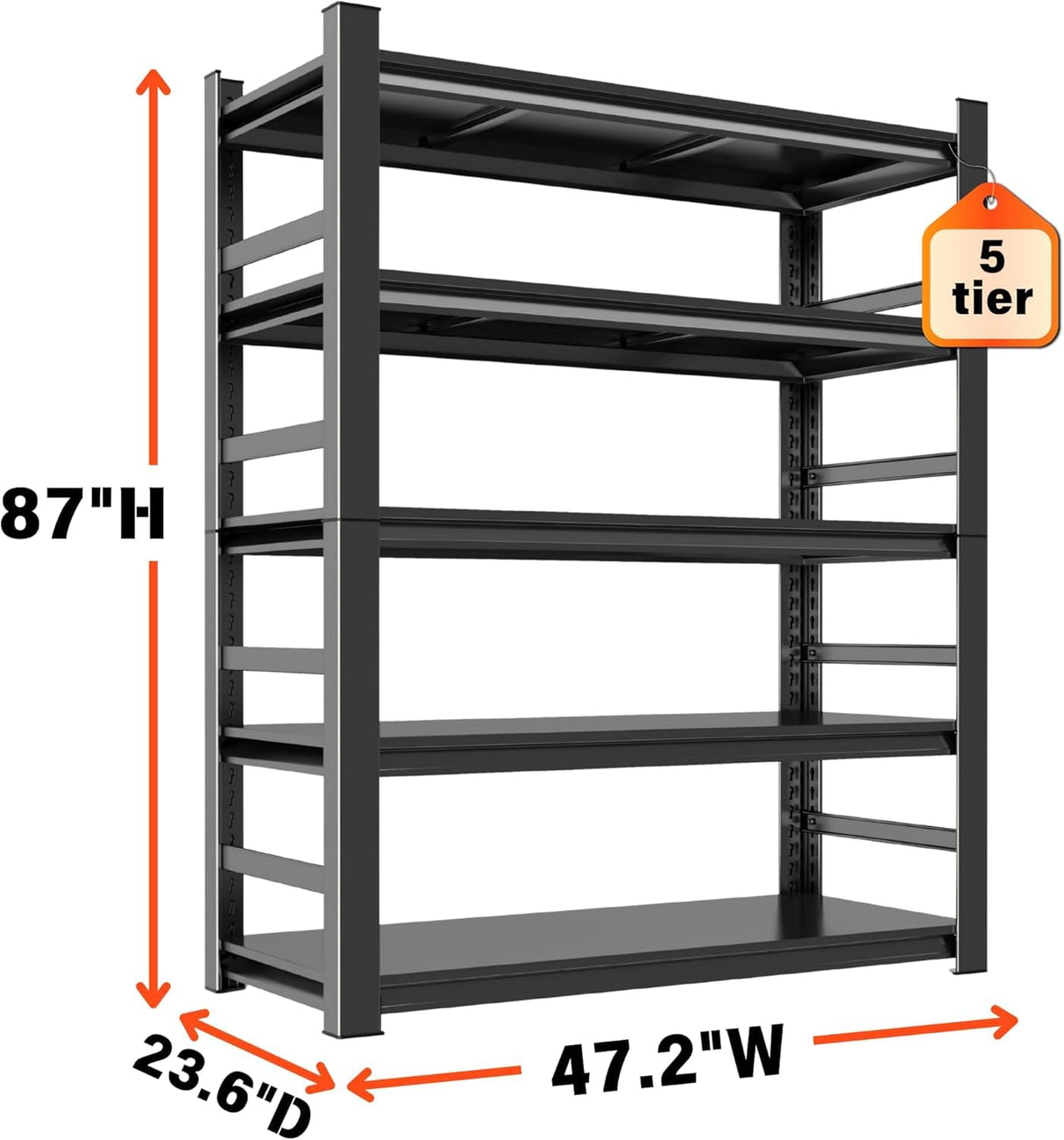 Notmise Garage Shelving 5-Tier Heavy Duty Adjustable Metal Storage, 2500Lbs Industrial Shelf Unit Black, Easy to Assemble (87" H x 47.2" W x 23.6" D) Notmise
