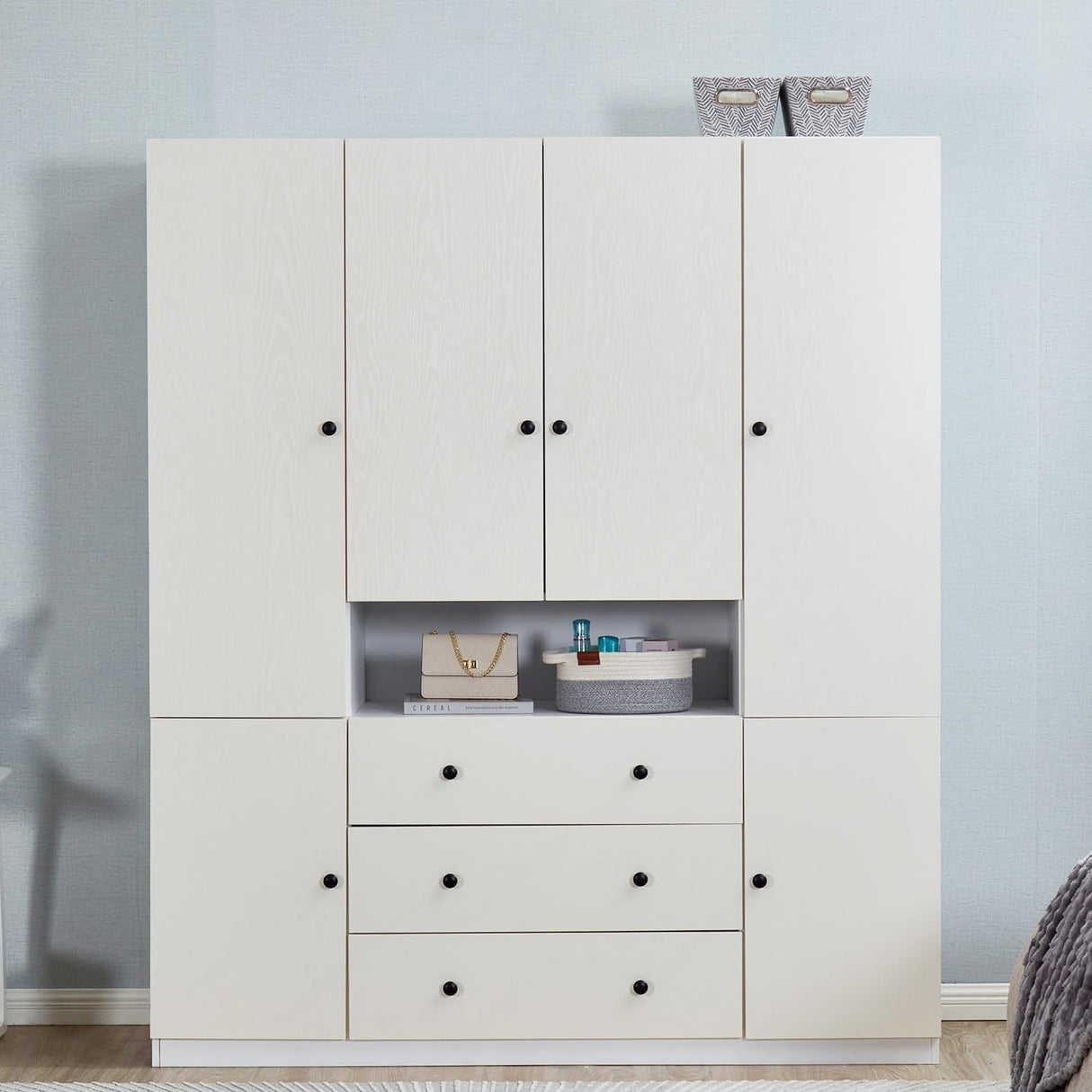 ModMakers 74" Tall 4 Doors 3 Drawers White Wood Wardrobe Closet Armoire Closets for Bedroom Freestanding Bathroom Wardrobe Cabinet with Hanging Rod Shleves Wooden Clothes Storage Organizer ModMakers