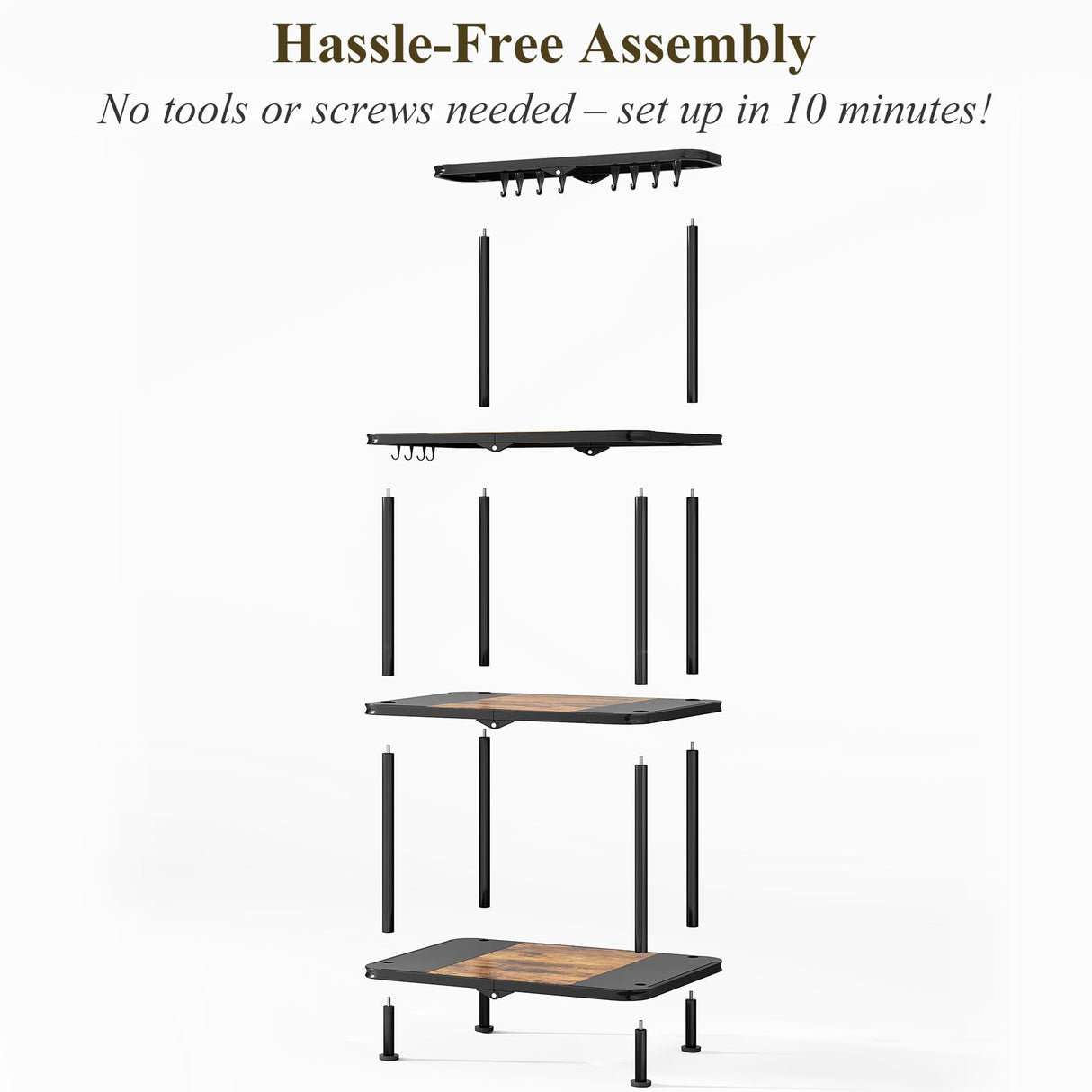 Kitchen Bakers Rack with Power Outlet - Easy & Tool-Free Assembly, Adjustable Coffee Bar Station 4 Tiers, Microwave Stand with 12 Hooks, Brown SNTD