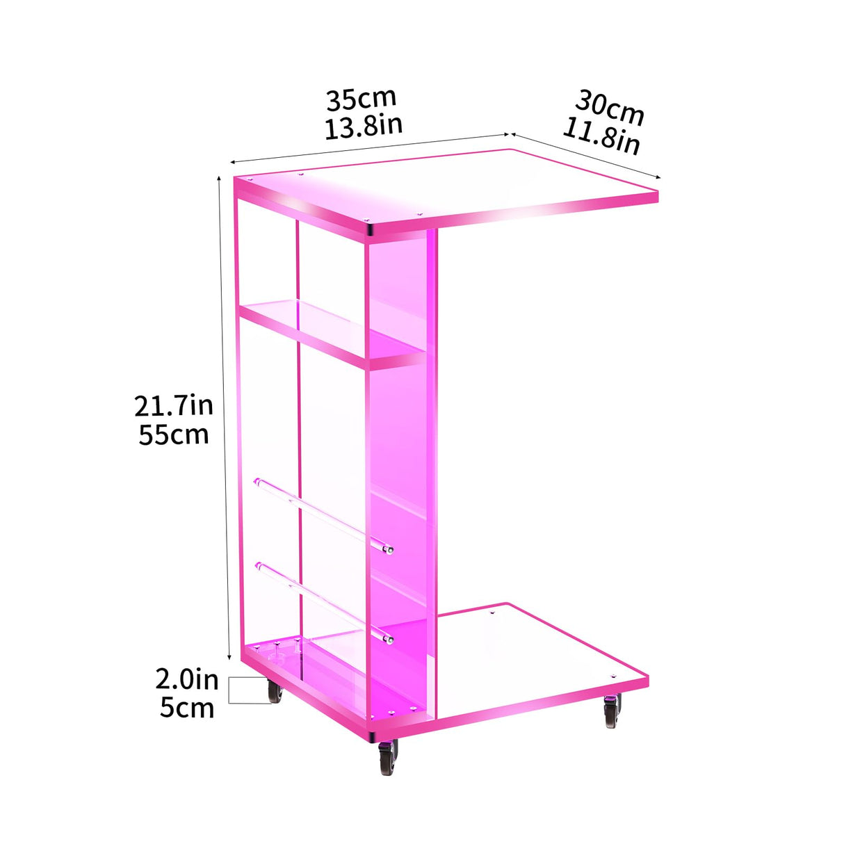 Clear Acrylic Side Table on Lockable Wheels, C Shaped End Table for Sofa, Small Coffee Tables for Small Spaces (Pink) Acrylicolor
