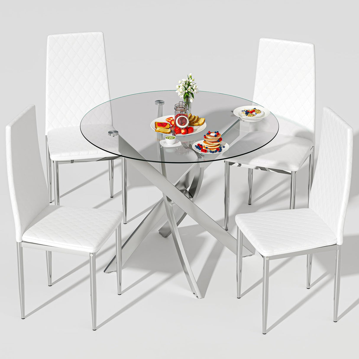 QJZLXKYT Round Dining Table Set for 4, Modern Glass Dining Room Table with Chairs, 5 Piece Kitchen Table and Chairs Set, for Living Room, Small Space (Include 4 White Chairs) QJZLXKYT