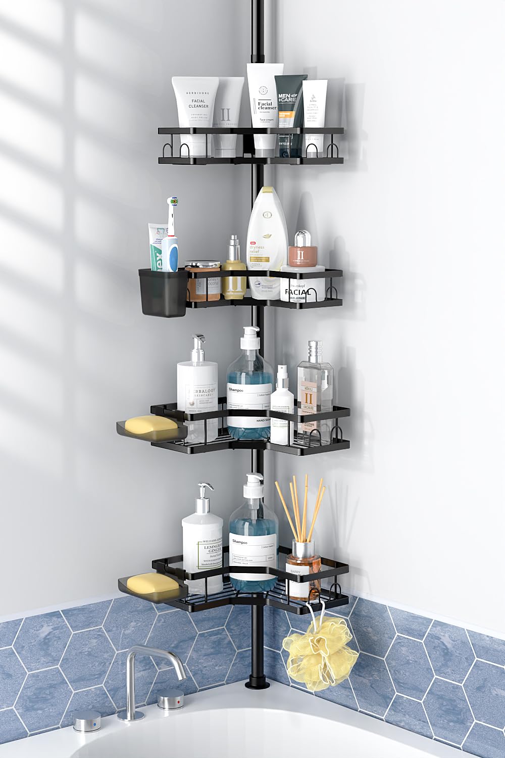 Aitatty Corner Shower Caddy Tension Pole: 4tier adjustable Rustproof Bathroom Organizer Shelves - Bathtub shampoo rack 43.5-120 inch Aitatty