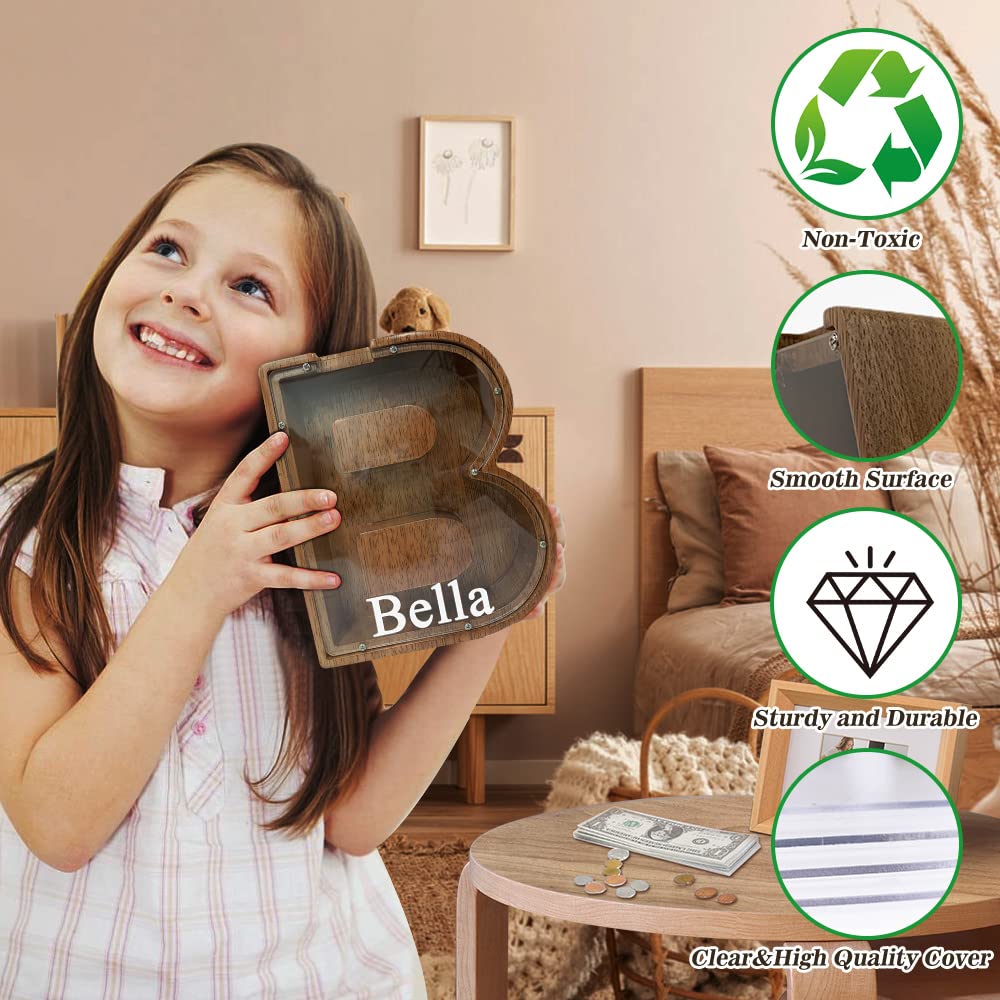 Personalized Large Wooden Kids Letter Piggy Bank Custom Name Coin Bank, (Laser Engraved Name) Wood Alphabet Letter Bank Money Box Birthday (B) ladenk