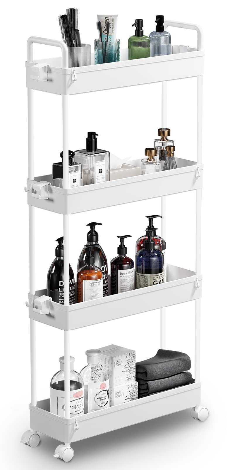 SOLEJAZZ Slim Storage Cart, 4 Tier Bathroom Organizer Mobile Shelving Unit, Rolling Utility Cart Slide Out Organizer for Kitchen, Bathroom, Laundry, Narrow Places, White SOLEJAZZ