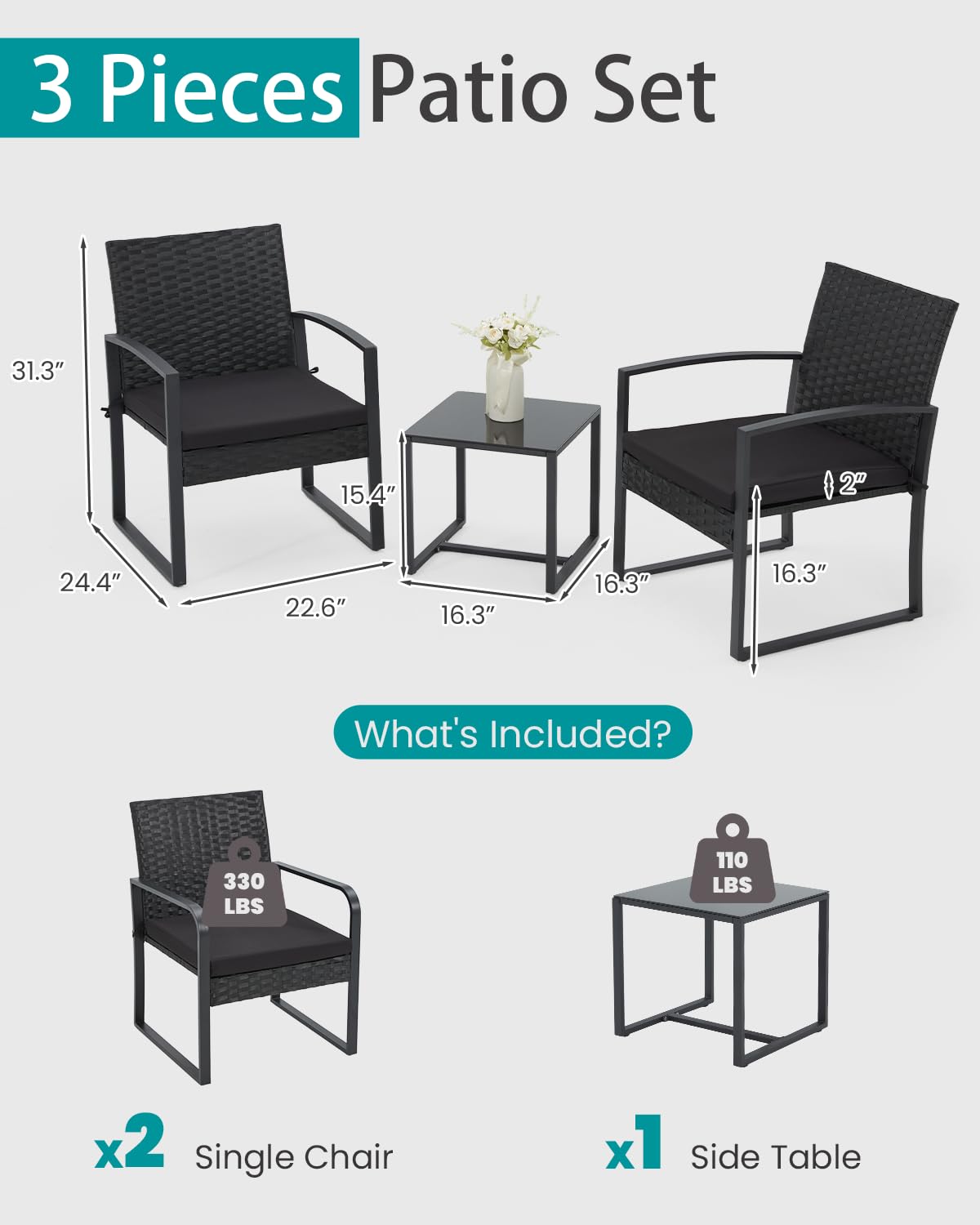 Bezseller 3 Pieces Patio Furniture Set, Outdoor Rattan Bistro Set with Coffee Table, Durable Steel Frame with Strapped Cushions for Garden, Balcony, Poolside, Backyard Bezseller