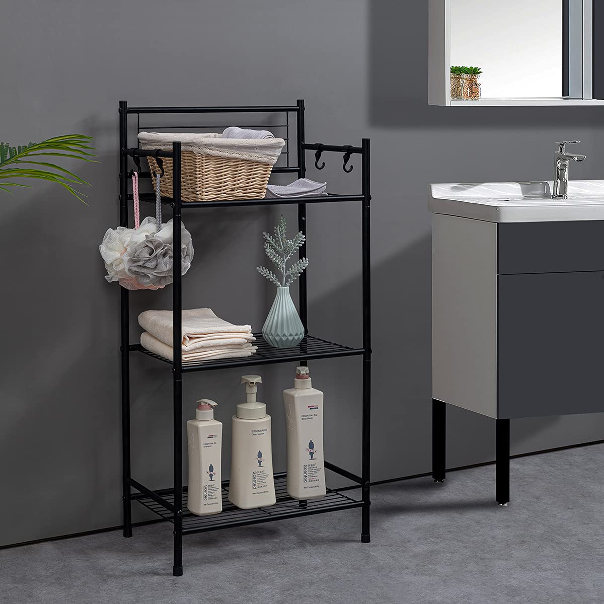 L&H UNICO 3-Shelf Tier Standing Unit Storage Wire Shelving Multipurpose Rack Organizer with 4-Hooks for Bathroom Laundry Kitchen Office, Black L&H UNICO