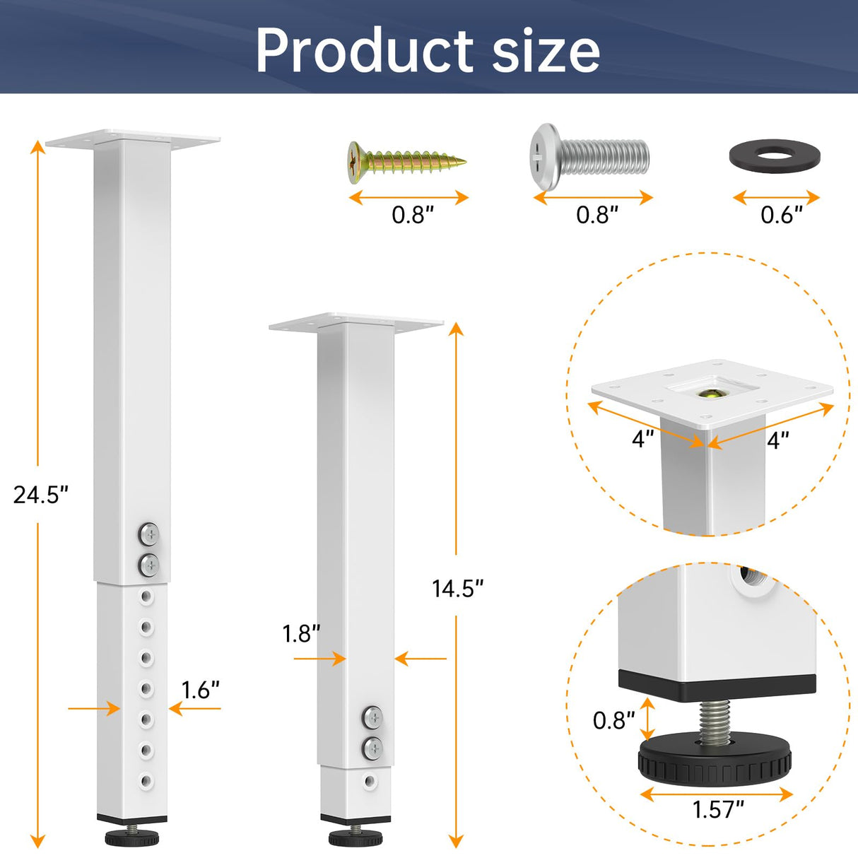 POROHOM 4PCS Adjustable Square Table Leg (14-24inch),Metal Desk Legs, Home Office DIY Furniture Leg Set for Tables, DIY desks, Counter Tops, Kitchen Tables,Office Desk(White) POROHOM