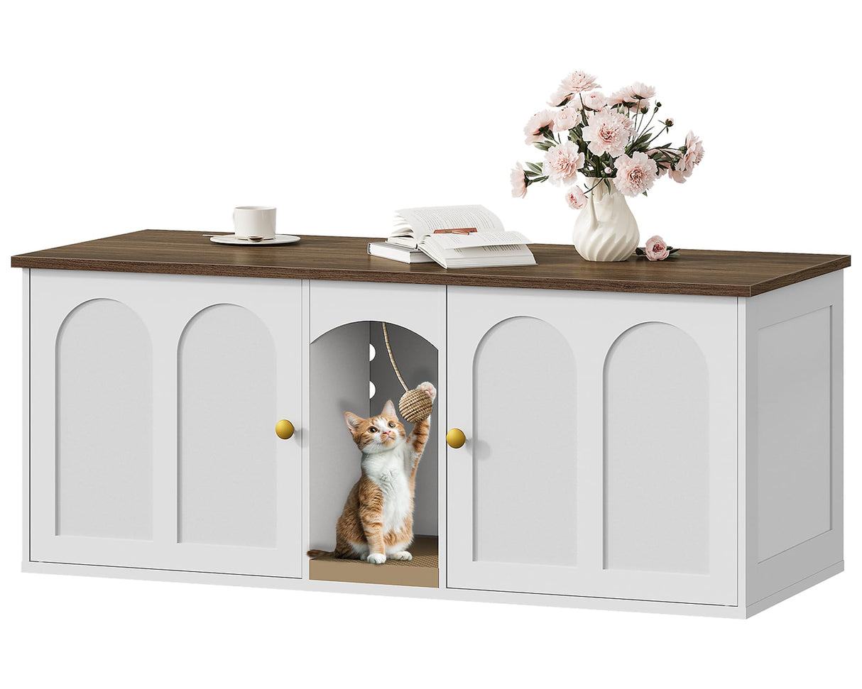 CHOEZON 47.2'' Double Cat Litter Box Enclosure, Hidden Cat Litter Box Furniture with Scratching Board and Dangling Ball, for 2 Cats, White and Walnut MMW02WL CHOEZON