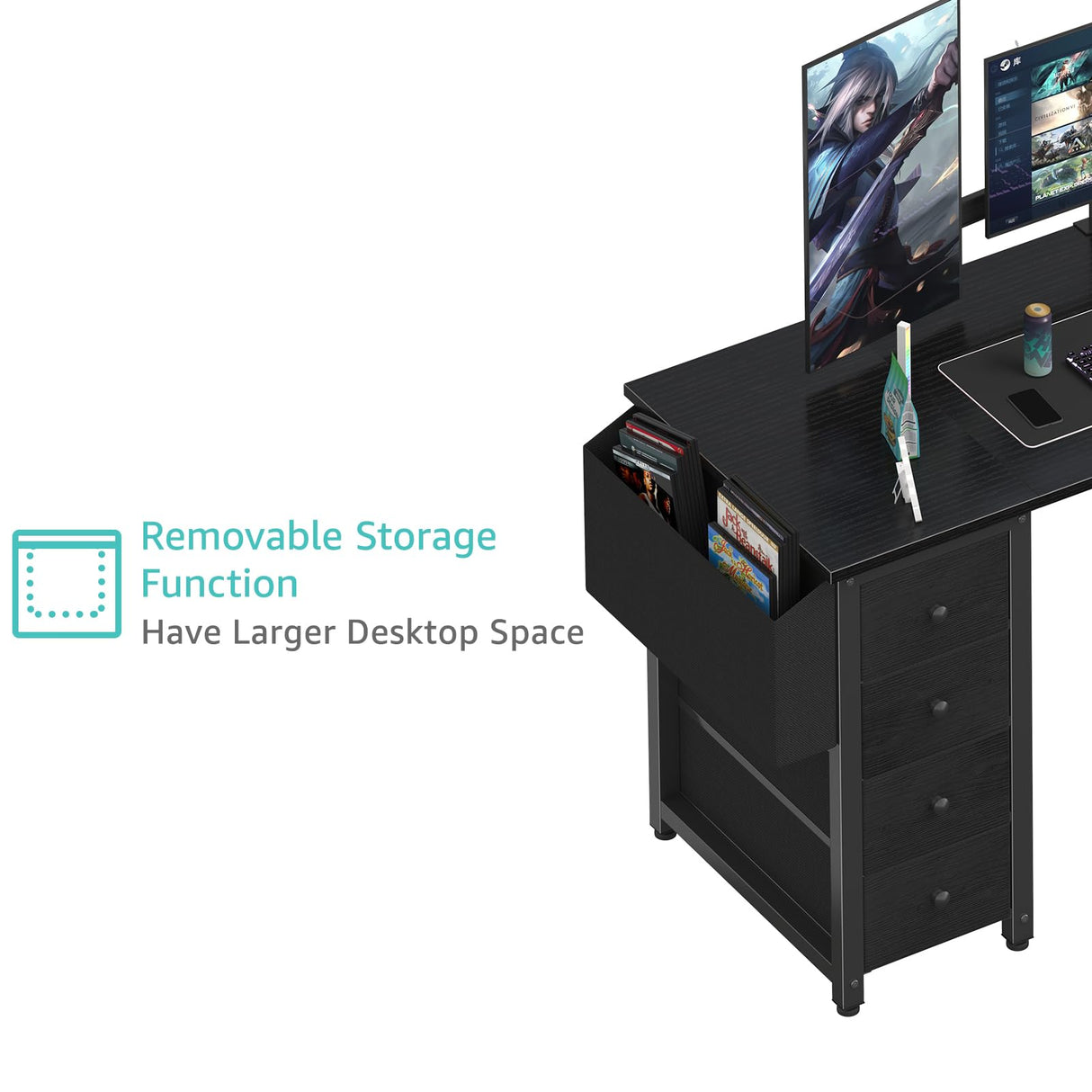 Lufeiya L Shaped Gaming Desk with Drawers & Storage Shelves, 55 Inch Corner Computer Desk with Power Outlet for Home Office Bedroom, L-Shaped Teen PC Desks with Fabric Drawer, Black Lufeiya