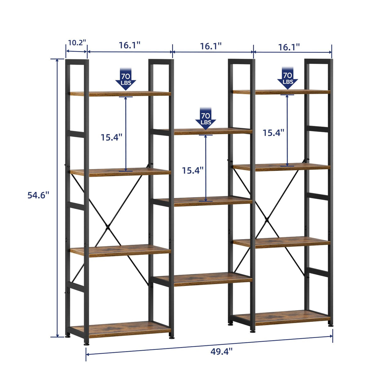 NUMENN Triple Column 4 Tier Bookshelf, Bookcase with 11 Open Display Shelves, Adjustable Rustic Industrial Style Book Shelves, Modern Bookshelves for Bedroom, Living Room and Home Office, Vintage NUMENN