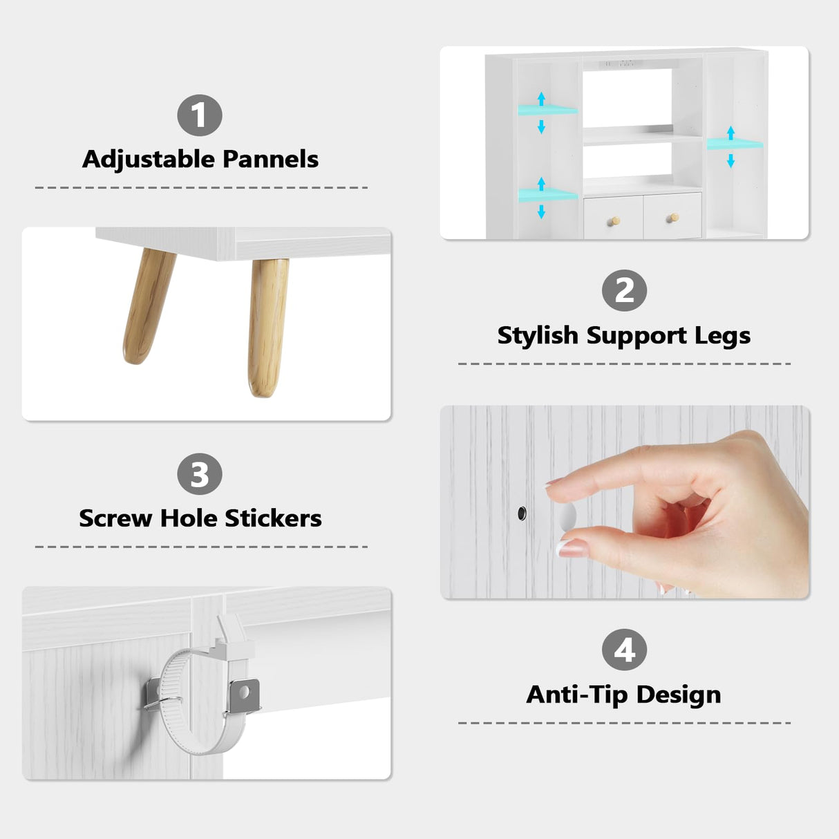 Furologee White Cube Shelf with 2 Drawers, 42inch Triple Wide Bookshelf with Power Outlets and LED Lights, 4-Tier Wood Bookcase Freestanding with Legs, Large 8 Cube Organizer for Bedroom, Living Room Furologee