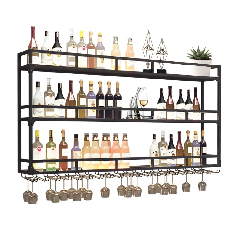 Wall Mounted Wine Rack with LED Light, Floating Liquor Glass Holder 3 Tiers, Large Metal Wine Bottle Display Rack Hanging Shelf, for Home Bar Dining Room Decorative(black, 39.42x35.43x9.84in) RAJYQODIS