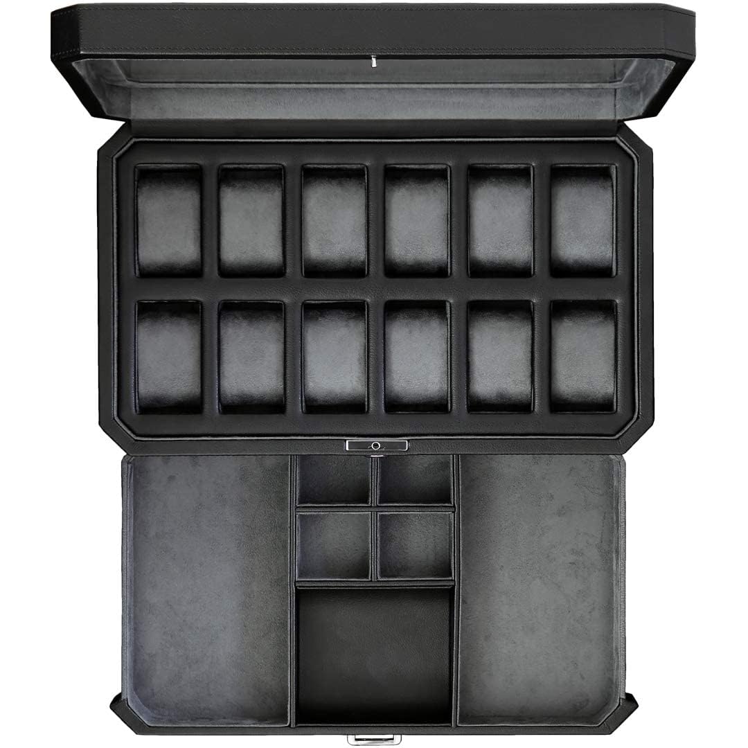 ROTHWELL 12 Slot Leather Watch Box with Valet Drawer - Luxury Watch and Jewelry Case Display Organizer, Microsuede liner, Mens Locking Storage Holder Large Glass Top (Black/Grey) ROTHWELL