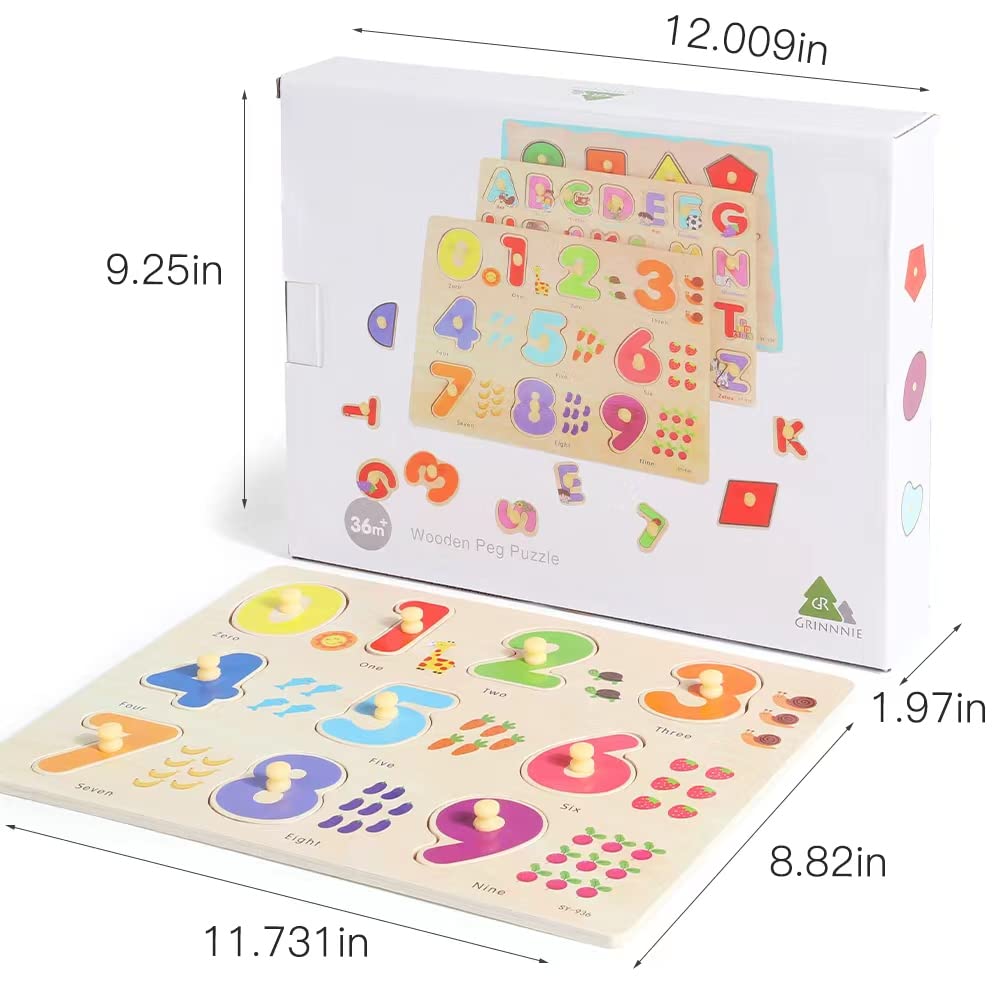 GRINNNIE Wooden Montessori Toddler Puzzles for 1 2 3 4 Years Old, 3 Pcs (Number, Letter, Shape) Kids Preschool Educational Peg Puzzle Set GR GRINNNIE