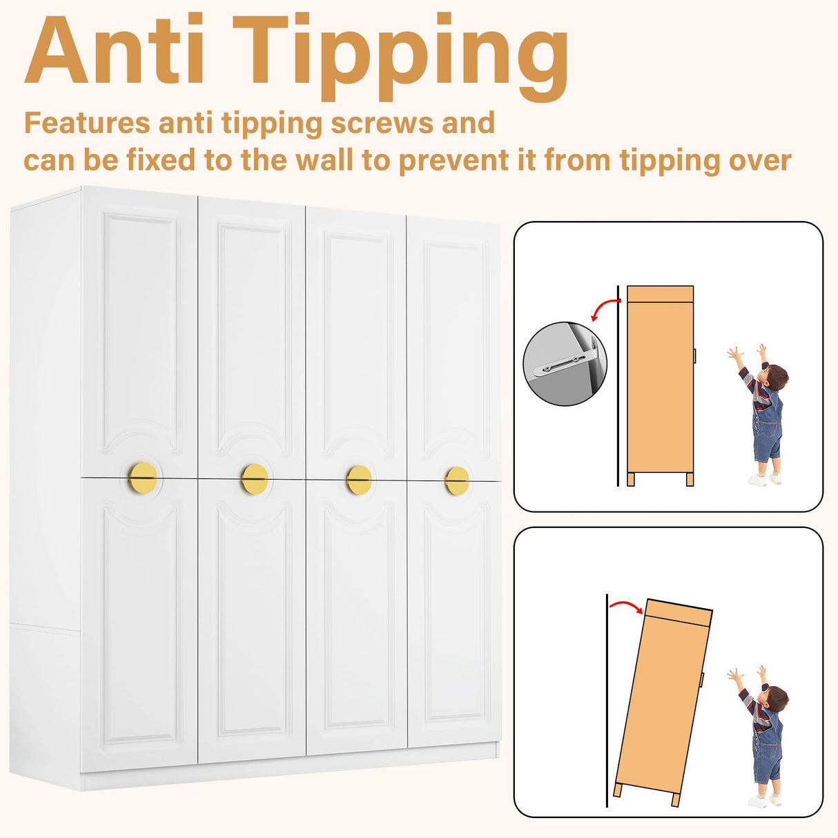 Wakefit Armoire Wardrobe Closet, 4 Doors Wooden Wardrobe Closet Cabinet, 71" Bedroom Armoires with Hanging Rod Shelf, Freestanding Wardrobe Cabinet for Bedroom, Guest Room, White Wakefit