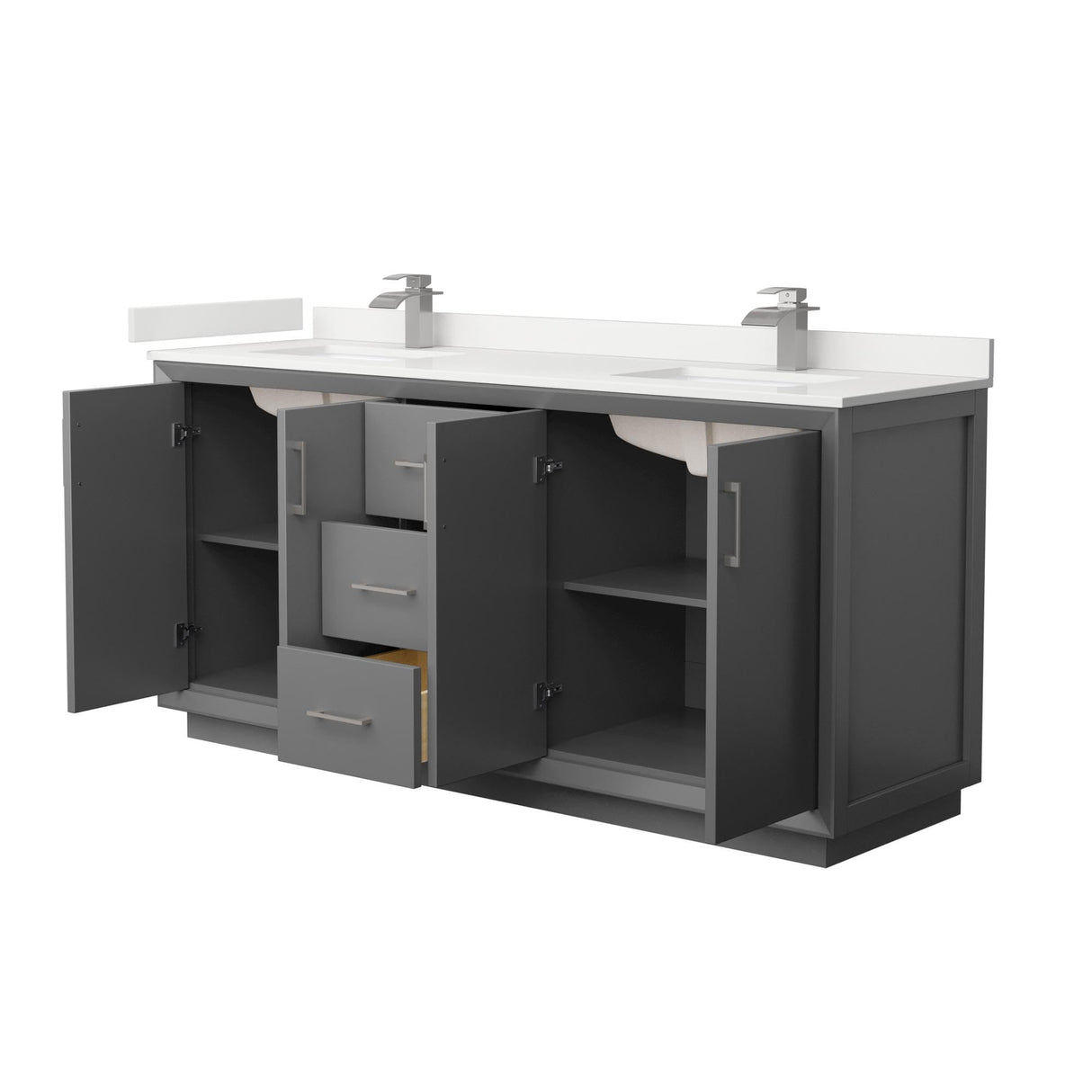 Wyndham Collection Strada 72 Inch Double Bathroom Vanity in Dark Gray, White Quartz Countertop, Undermount Square Sink (1-Hole), Brushed Nickel Trim Wyndham Collection
