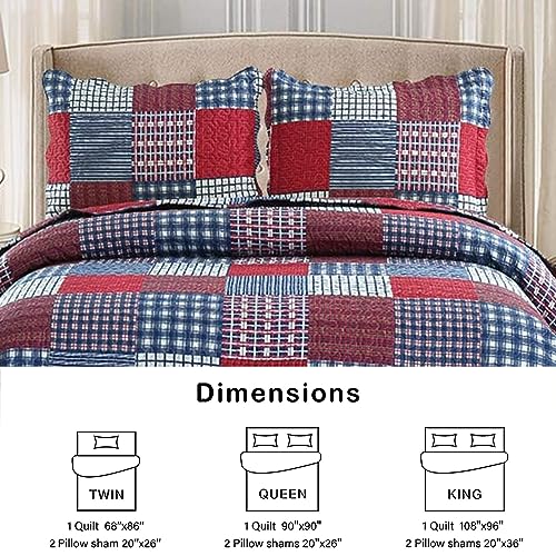 Hailea Red Blue Plaid Quilt Set Twin Size Country Patchwork Bedding Lightweight Reversible Bedspread Coverlet with Sham Soft All Season Bed Cover Set, 1 Quilt 2 Pillow Shams Hailea