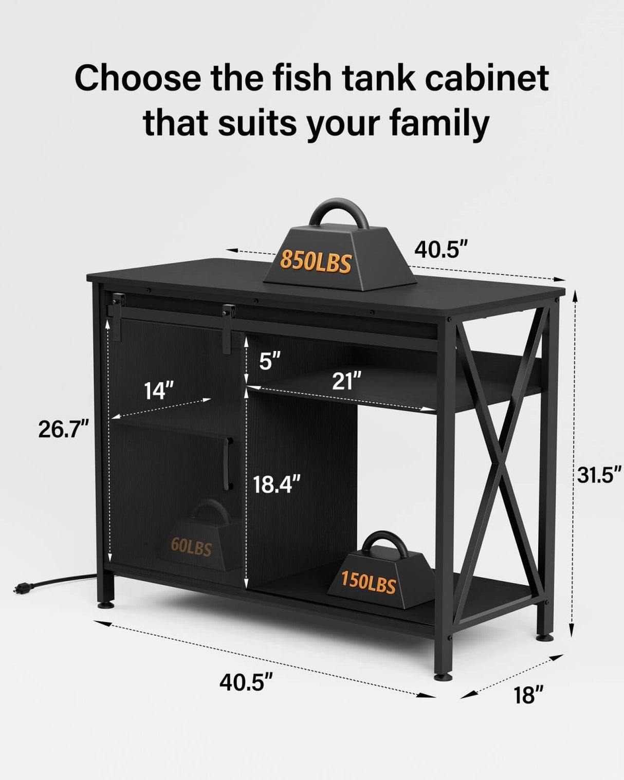 Aquarium Stand for 40-75 Gallon Fish Tank: Tank Stand Table with Power Outlet for Aquarium kit - Metal Fish Stand Cabinet with Storage for 40-75 Gallon Reptile Turtle Terrarium (Black, 40-50 Gallon) FILKO