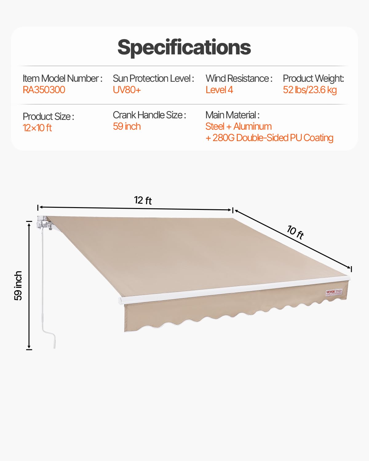 VEVOR Manual Retractable Awning, 12 x 10 ft Outdoor Patio Awning Retractable Sun Shade, Patio Door Window Water-Resistant Polyester Awning Sunshade Shelter with Crank Handle for Balcony, Backyard VEVOR
