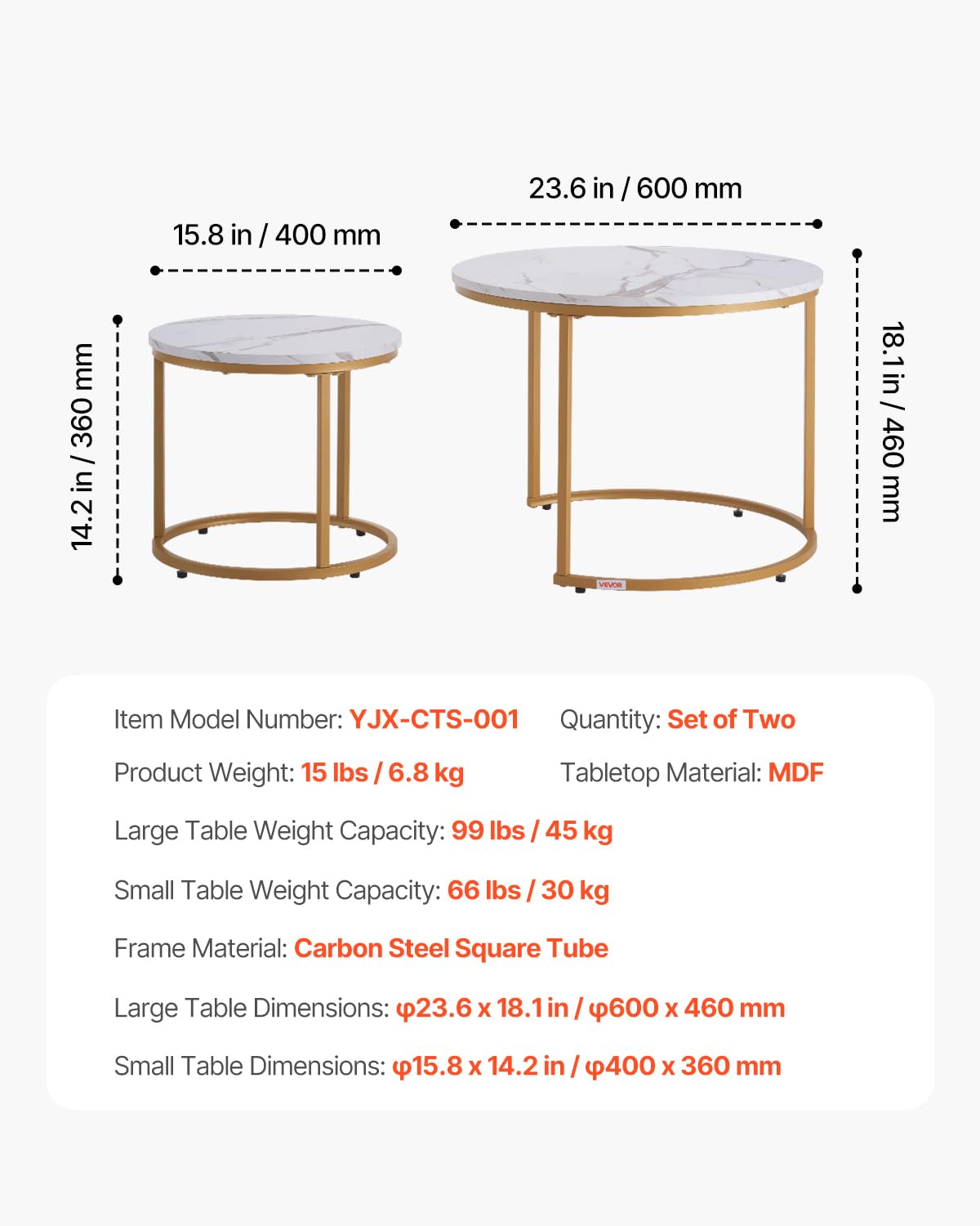 VEVOR Nesting Tables, Coffee Table Set of 2, 23.6 inch Round Coffee Table, Small Coffee Tables Night Stand with Metal Frame, for Living Room, Bedroom, Office (White & Gold) VEVOR