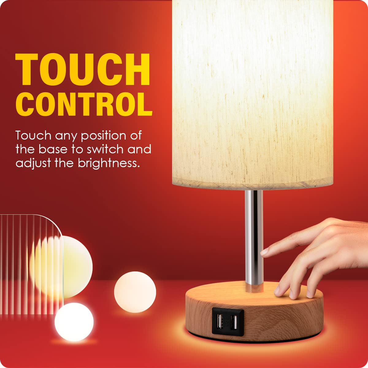 Yarra-Decor Bedside Lamps with USB Port - Touch Control Table Lamp for Bedroom Wood 3 Way Dimmable Nightstand Lamp Set of 2 with Round Flaxen Fabric Shade for Living Room, Dorm, Home Office (2 Pack) Yarra-Decor
