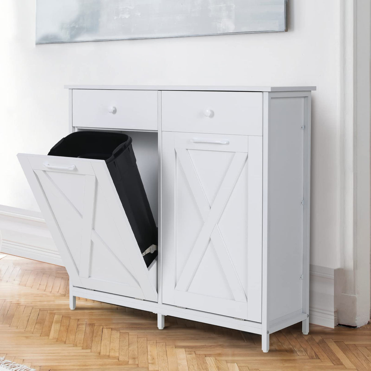 Arlopu Dual Tilt Out Trash Cabinet, 10X2 Gallon Pet Proof Kitchen Pull Out Hidden Garbage Can Cabinet, Freestand Wooden Laundry Sorter Cabinet, W/Drawer, Barn Door, for Home, Living (White) Arlopu