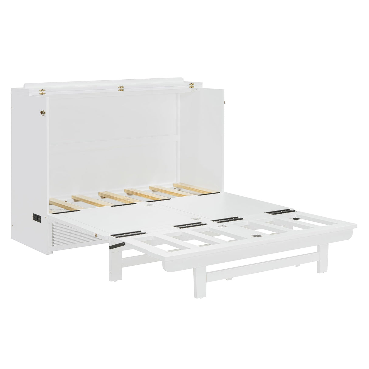 HABITRIO Full Size Murphy Bed, Wood Full Murphy Bed Frame with Large Drawer, USB Ports and Outlets, White HABITRIO