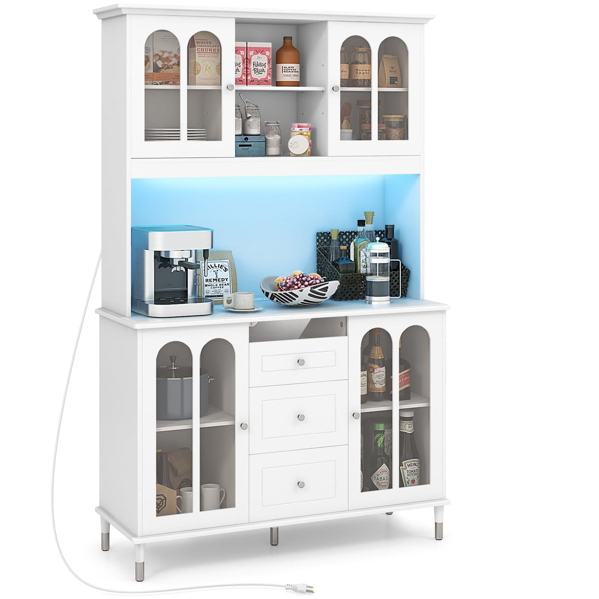 LOKO 73'' Kitchen Pantry Storage Cabinet, Freestanding Buffet Cabinet with LED Lights & Power Outlets, Kitchen Hutch with Microwave Stand, Adjustable Shelves, Doors and Drawers, for Dining Room, White LOKO