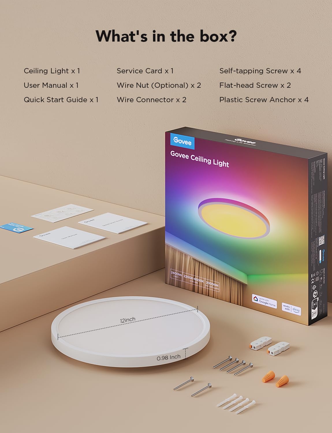 Govee Smart Ceiling Light, RGBIC LED Ceiling Light Fixture, 2400LM Flush Mount Light Fixture, DIY Colors, Works with Alexa, 2200K-6500K Ceiling Lights for Bedroom, Living Room, 12 Inch, 1 Pack Govee