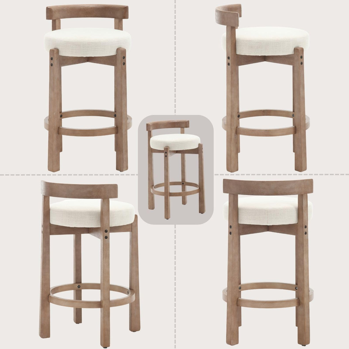 DUOMAY Modern Bar Stools Set of 2, 26" Counter Height Stools, Armless Round Wood Barstools Kitchen Island Stool with Linen Seat for Home Bar Coffee Shop, Beige DUOMAY