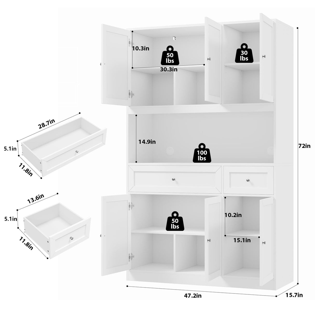BOTLOG 72" Kitchen Pantry Cabinet, Kitchen Hutch with Microwave Stand, Buffet Cabinet with Hutch for Kitchen Dining Room, White BOTLOG