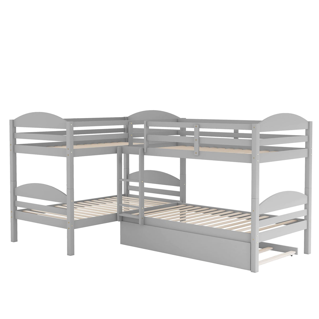 Harper & Bright Designs Quad Bunk Bed with Trundle,Twin Over Twin Bunk Bed for Kids,L-Shaped 4 Beds Bunk Bed Frame & Guardrails Corner Bunk Beds,No Box Spring Needed(Gray,L Shaped Bunk Bed) Harper & Bright Designs