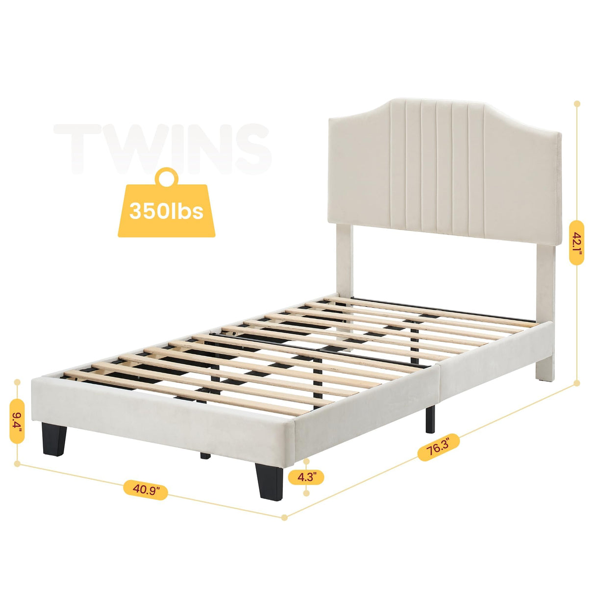 coucheta Twin Size Bed Frame with Velvet Upholstered, Metal Platform Bed Frame with Headboard for Girl Wooden Slats Support, No Box Spring Needed/Noise-Free/Easy Assembly, Beige coucheta
