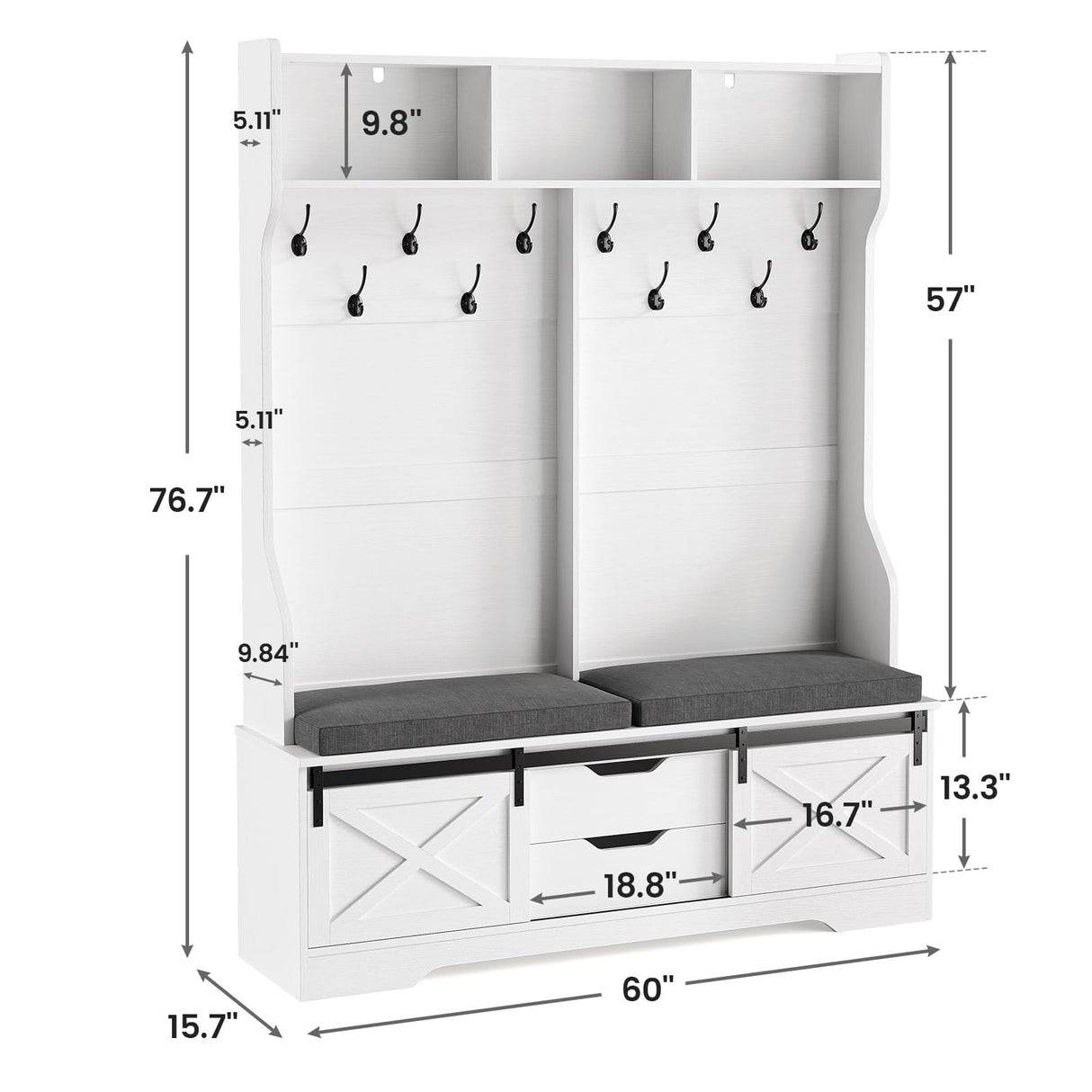 UPOSOJA Hall Tree with Bench and Shoe Storage, Entryway Bench with Coat Rack, Modern Farm House Barn Door 3-in-1 Hall Tree with Storage Cushioned Bench Stool and Hooks for Hallway, Living Room (60IN) UPOSOJA