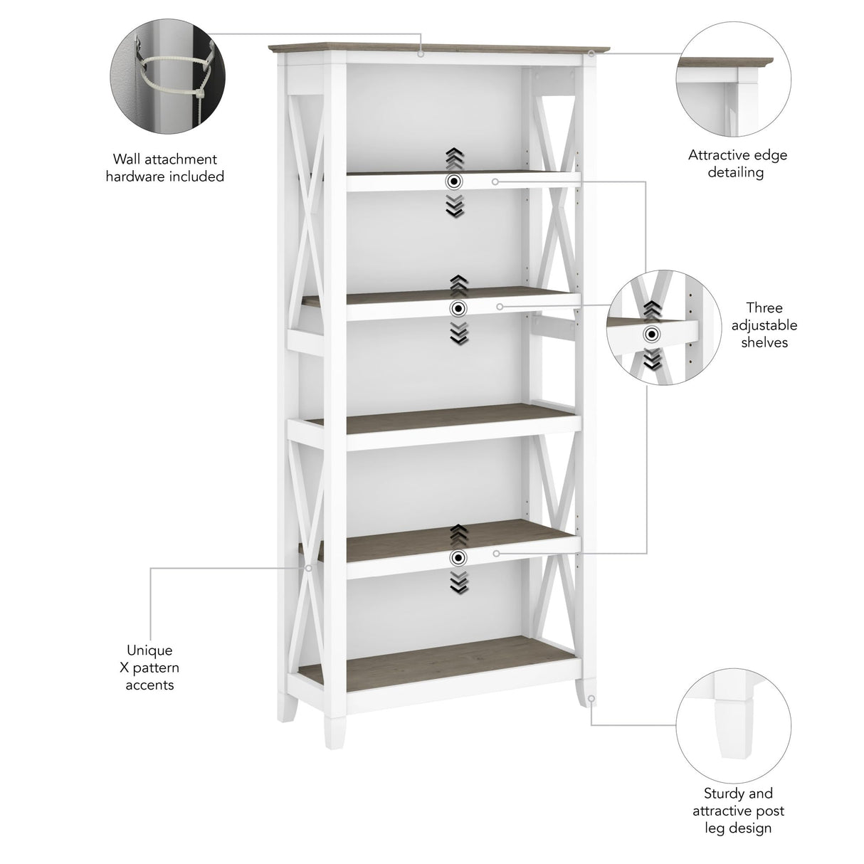Bush Business Furniture Key West 5-Shelf Bookcase in Shiplap Gray and Pure White Bush Business Furniture