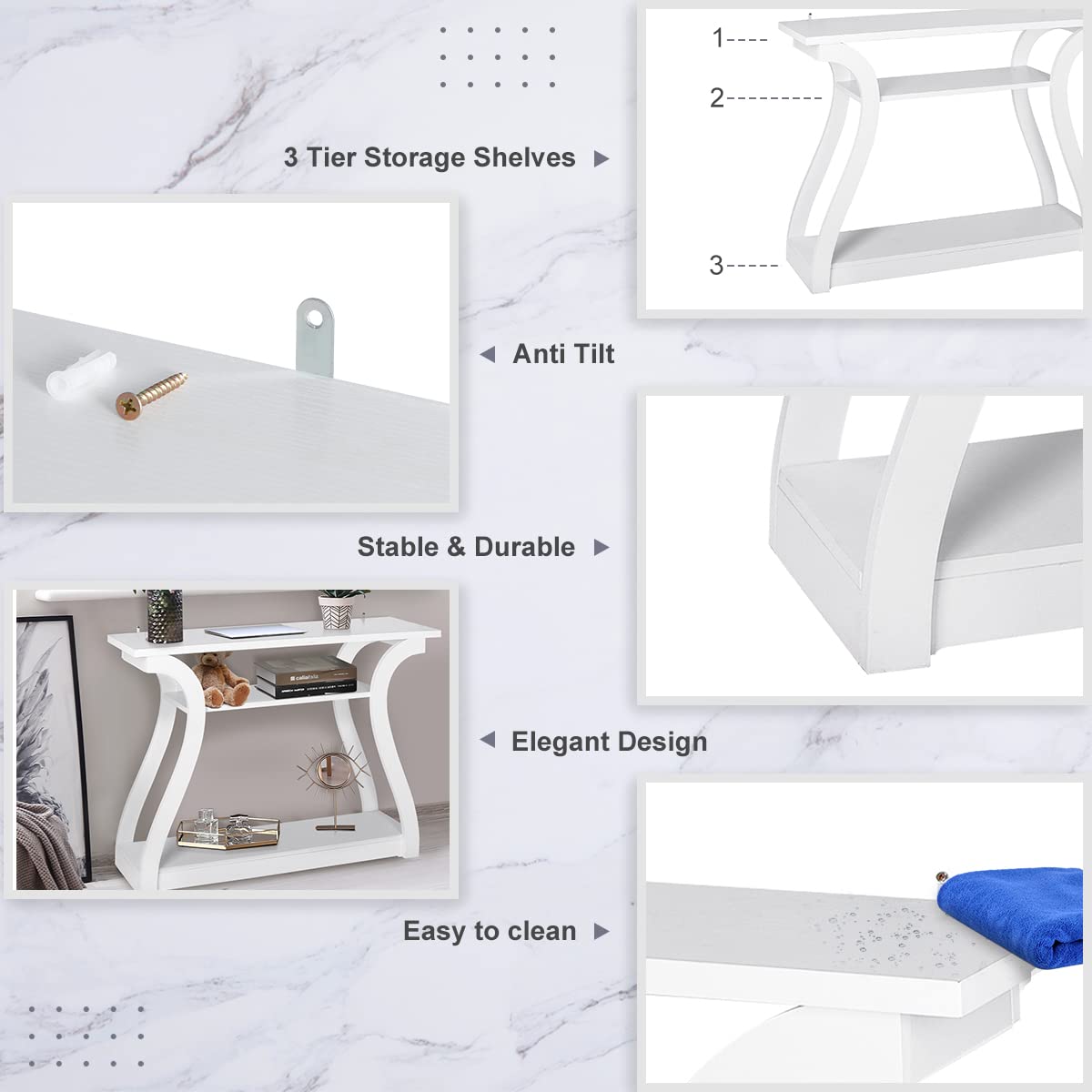 ZenStyle Wood Console Table with Curved Legs and Shelf, 3 Tier Modern Accent Sofa Table for Entryway, Living Room, Hallway, 47 in Wide, Easy Assembly (White) ZenStyle