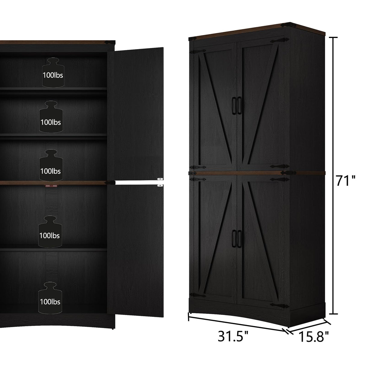 71in Farmhouse Kitchen Pantry Cabinet,Tall Storage Cabinet with 4 Doors and Adjustable shelves,with Load-Bearing Steel Pipe,Wood Storage Cabinets for Kitchen,Dining Room,Bathroom(Black) chartustriable