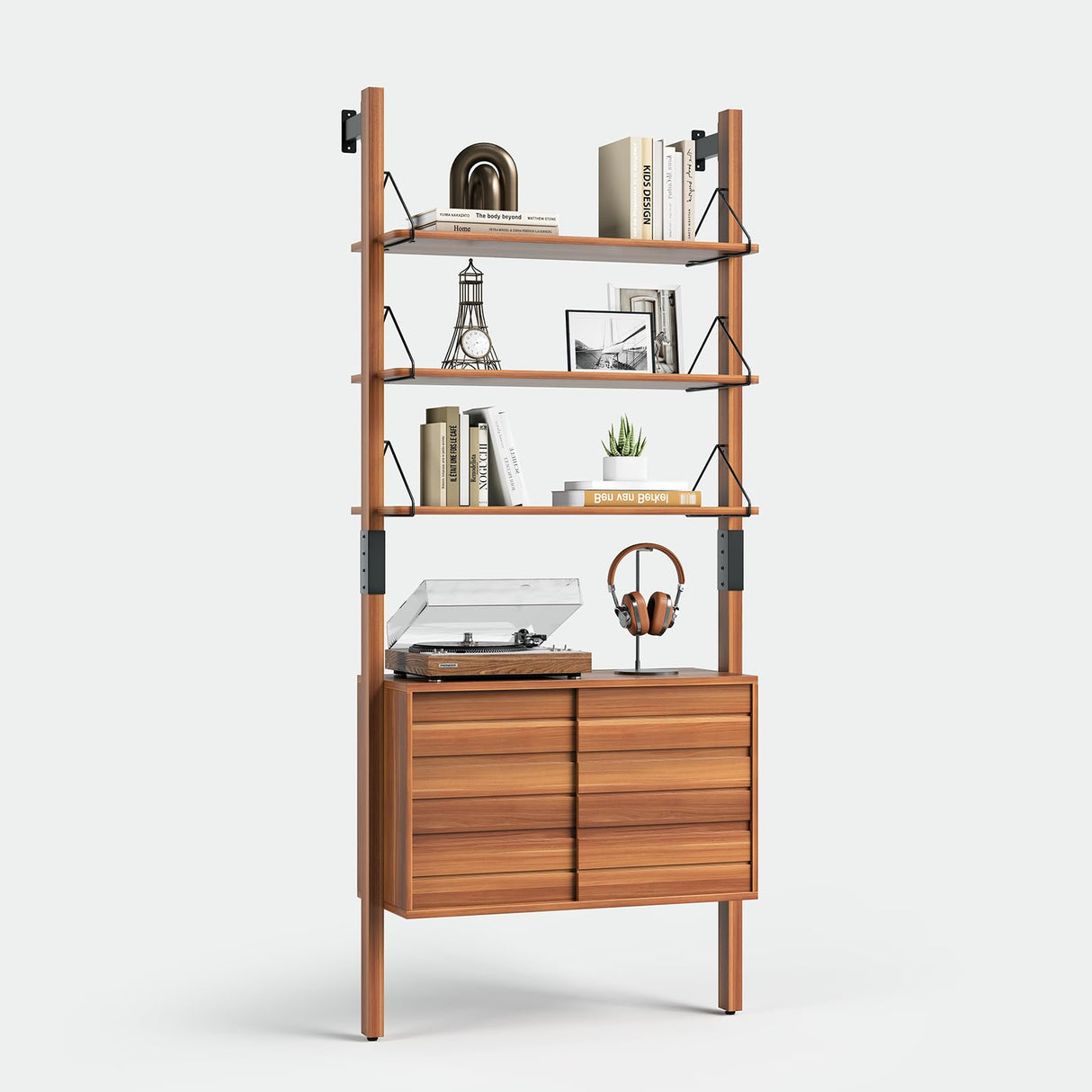 JOINICE, Ladder Bookshelf with Storage Cabinet, Mid Century Modern Wall Mounted Bookcase with Wood and Metal Frame, 6 Tier Open Display Shelves for Living Room, Bedroom, Home Office, Cherry JOINICE