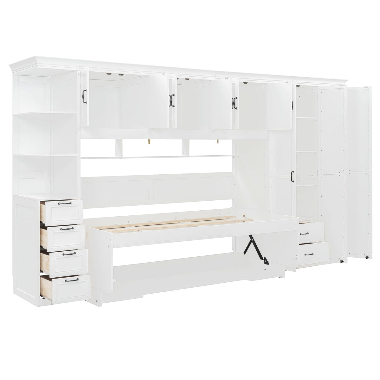 SOFTSEA Twin Size Horizontal Murphy Bed with Desk, Foldable Wall Bed Frame with 3-Door Wardrobe, Drawers & Shelves, Space-Saving Hideaway Bed for Small Space, Apartment, White SOFTSEA