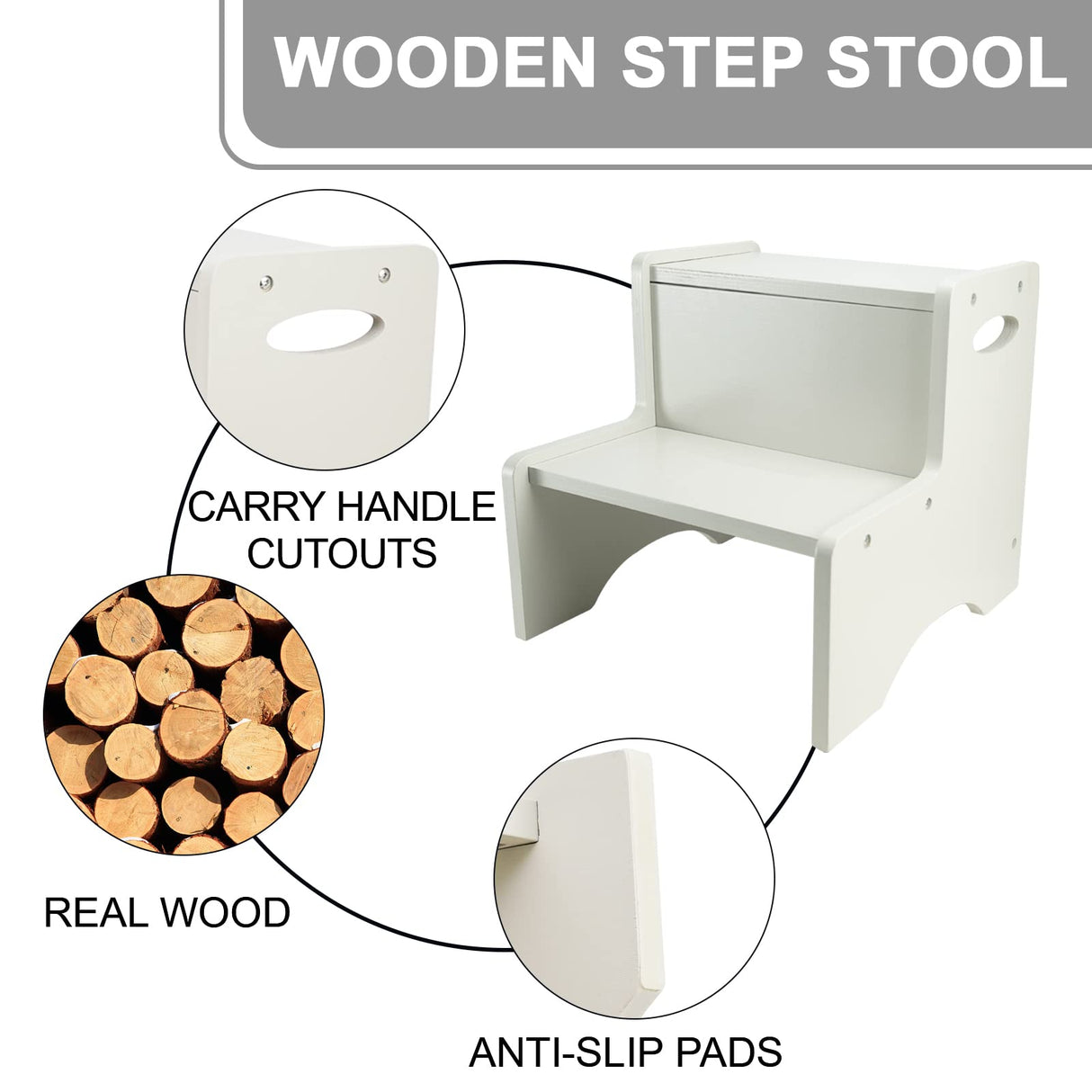 WOOD CITY Wooden Toddler Step Stool for Kids, Grey Two Step Children's Stool with Handles, Bonus Non-Slip Pads for Safety, Bathroom Potty Stool & Kitchen Step Stools Dual Height… WOOD CITY