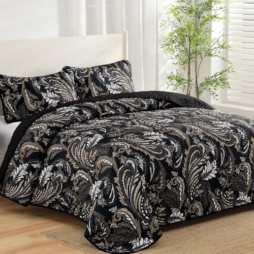 WONGS BEDDING Boho Quilt Set King,Black Paisley Floral Pattern Bedspread Coverlet Set with 2 Pillowcases,3 Piece Lightweight Microfiber Bohemian Quilt Bedding Set 104"×90" WONGS BEDDING