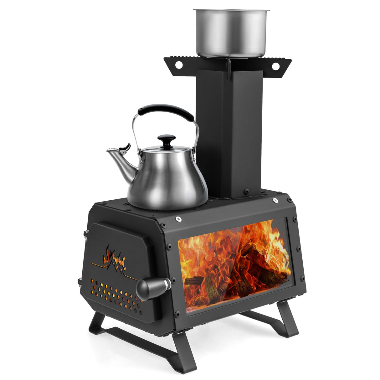 Giantex Portable Camping Wood Stove - Mini Wood Burning Stove w/ 2 Cooking Positions, Anti-scalding Door Handle & Heat Resistant Glass Window, Tabletop Fire Pit Stove for Outdoor Cooking & Heating Giantex
