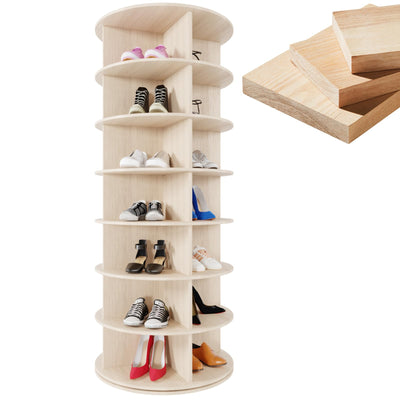 TOCRETOARE Rotating Shoe Rack Tower, 7-Tier Solid Pine Wood Spinning Shoe Display 360° Lazy Susan Shoe Rack, Revolving Shoe Stand, Shoe Rotating Organizer for Closet Shoes and Handbags