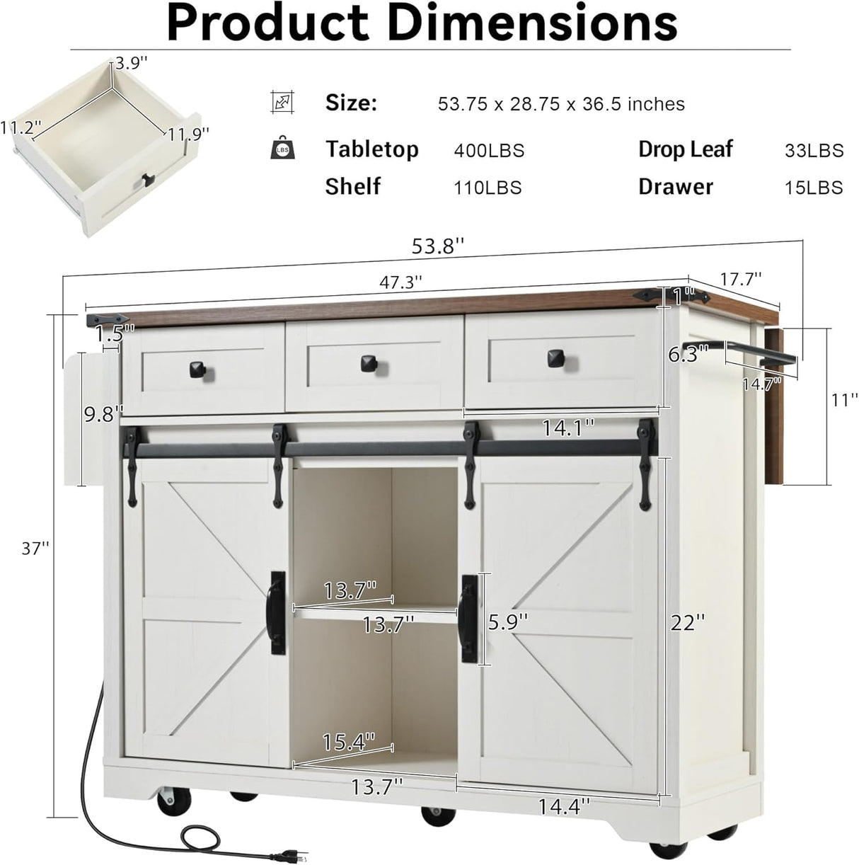 53" Farmhouse Kitchen Island with Power Outlet, 2 Sliding Barn Door Rolling Kitchen Cart on Wheels with Drop Leaf, Spice Rack for Home and Dining Room (White) Virubi