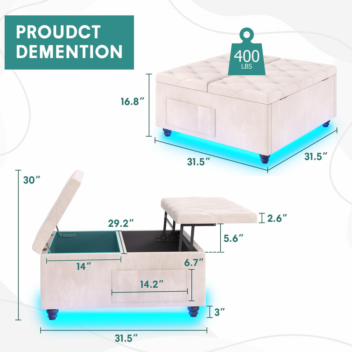 Storage Ottoman Coffee Table,Square Ottoman with Storage & Charging Station and LED Lights,Velvet Buttons Large Ottoman Coffee Table with Lift Top & Solid Wood Legs for Living Room Bedroom (Beige) busyaeh