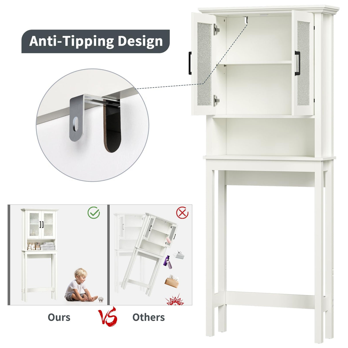 Baztin Over The Toilet Storage Cabinet, Over Toilet Bathroom Organizer with Doors and Adjustable Shelf, Thicken Frame Above Toilet Storage Cabinet Behind Toilet Bathroom Organizer, Cream White Baztin